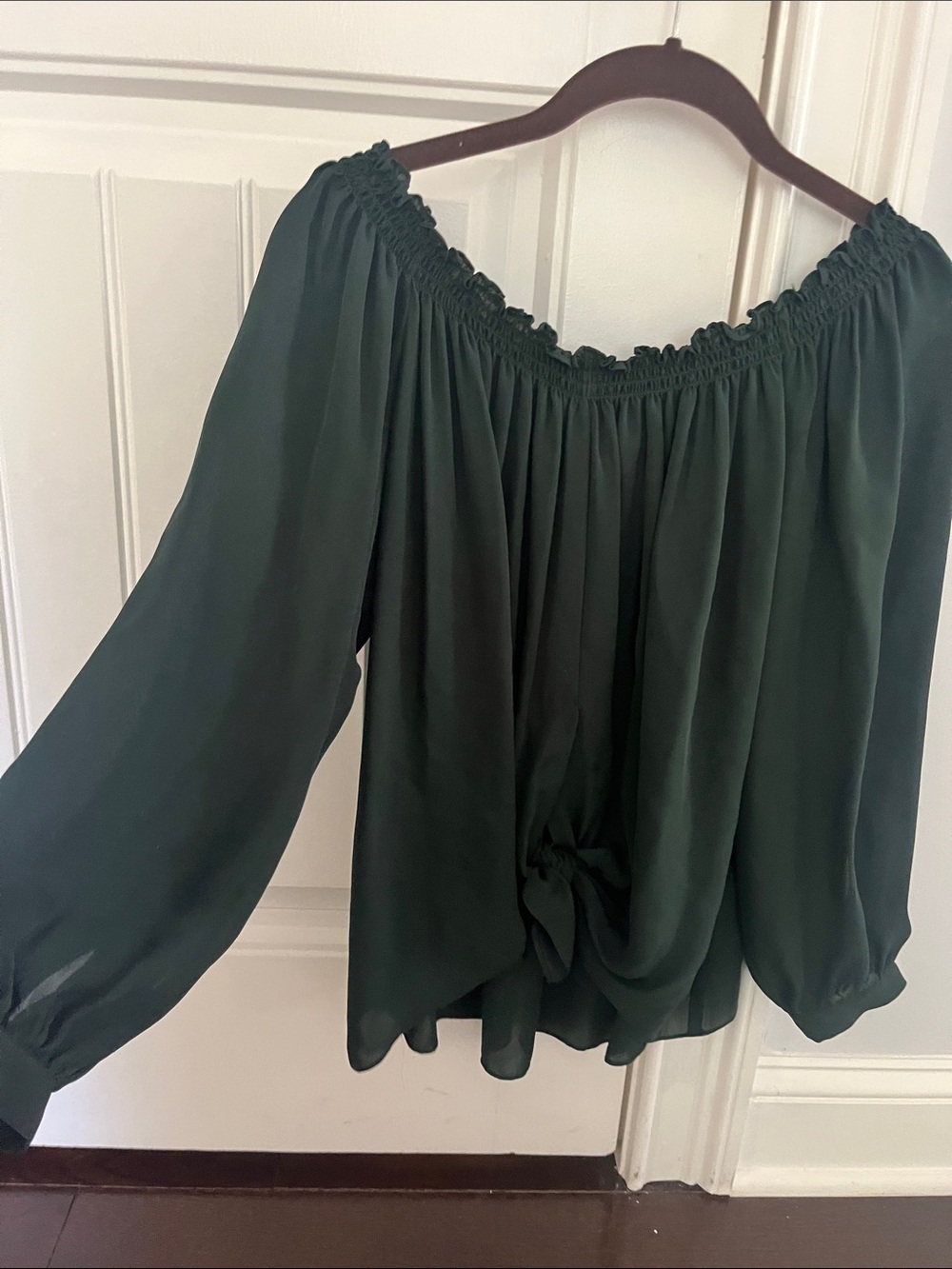Off-Shoulder Forest Green Peasant Blouse with Tie Front